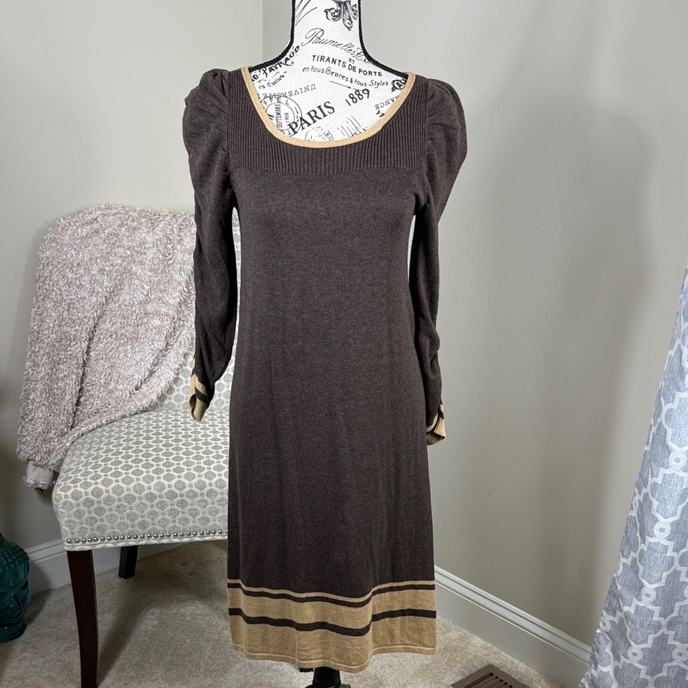 Max Studio Brown Long Sleeve Knit Dress with Tan Trim